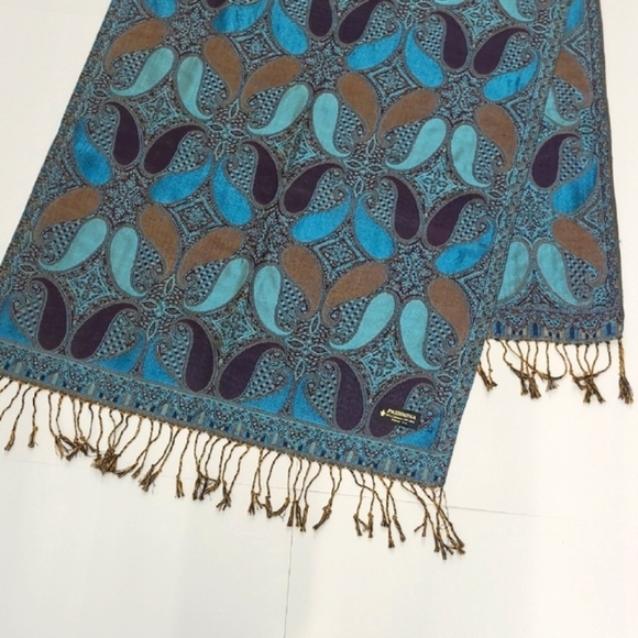 Pashmina Scarf Wrap Cashmere Blend Paisley Blue Purple Brown Knotted Fringe - Picture 7 of 9